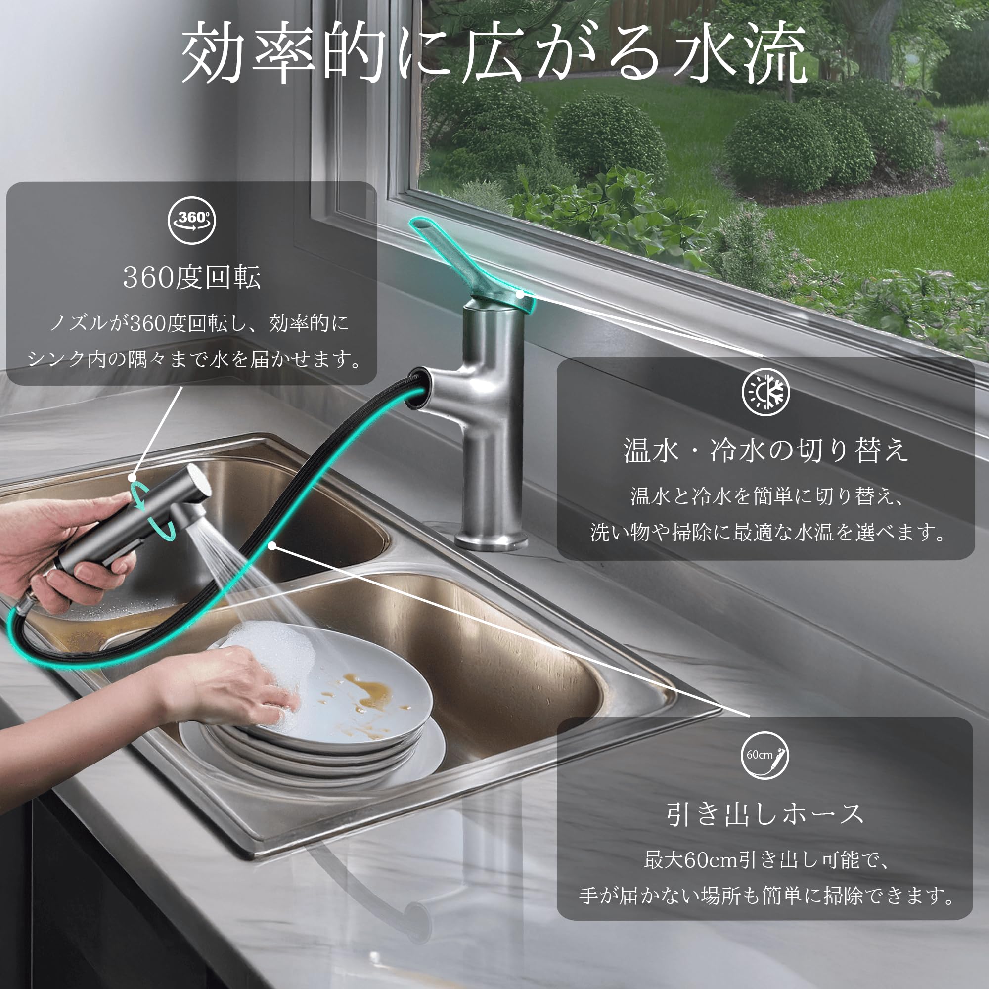 Amazon | 洗面蛇口 噴水機能付き 混合水栓 3wayモード ホース 引出し式